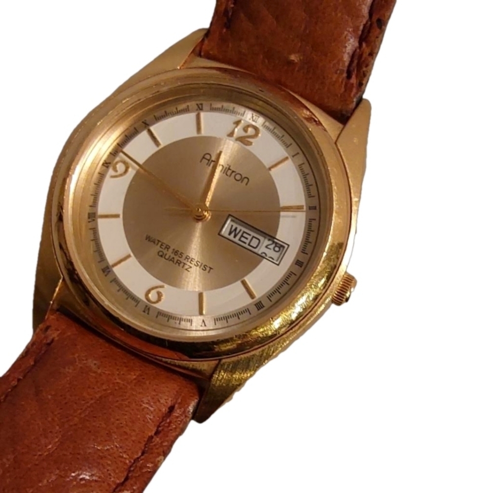 VINTAGE ARMITRON MECHANICAL MEN’S LEATHER WRISTWATCH - Picture 2 of 10